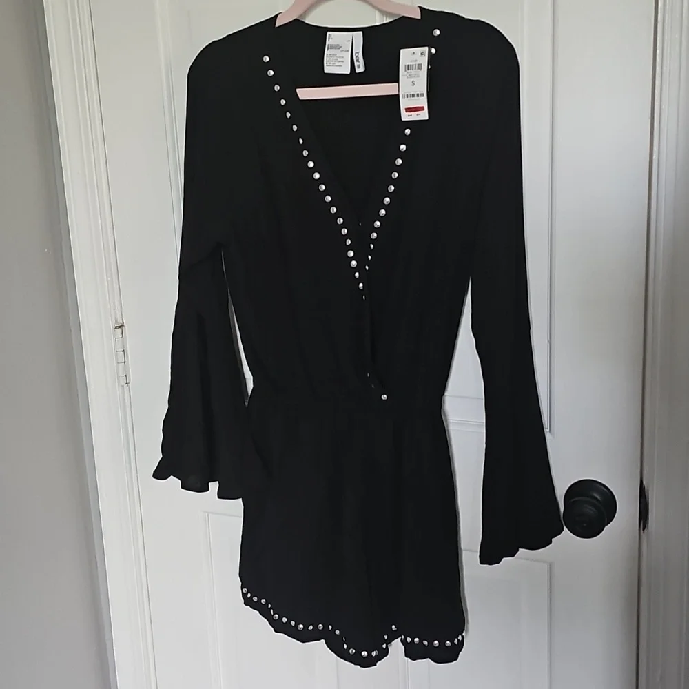 NWT Bar III Black Cover Up Romper with Silver Studded Trim Detail